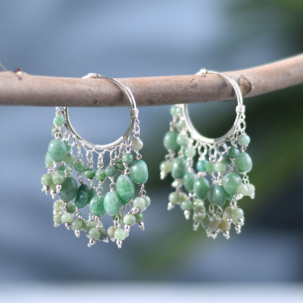 92.5 Sterling Silver Boho style Green Stone Hoop Earrings