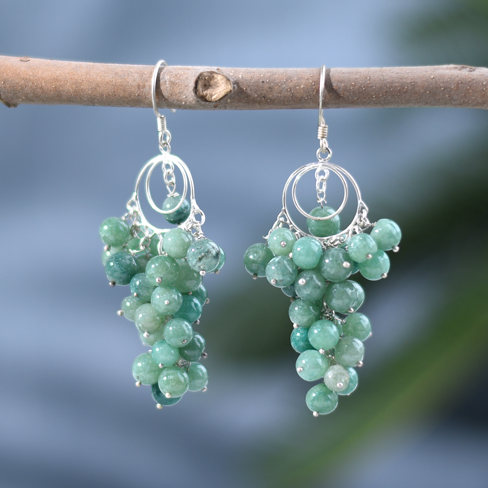 Green Beads and 92.5 Sterling Silver Cluster Earrings