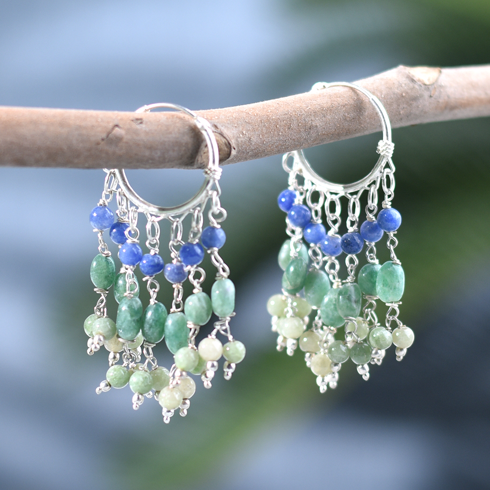 92.5 Sterling Silver Colored Stones Hoop Gypsy Earrings For Daly Wear