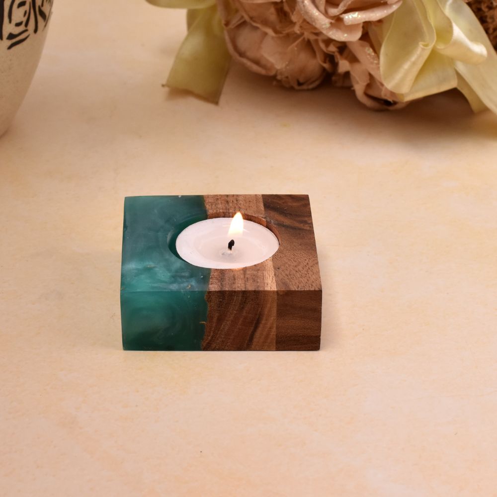Wood Tea-light Holder with Translucent Aqua Resin Effect - 1 Piece