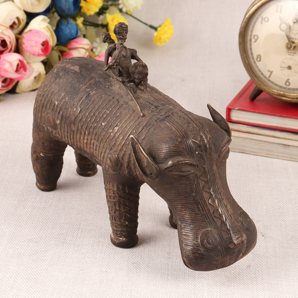 Brass Hippopotamus Statue with Riders