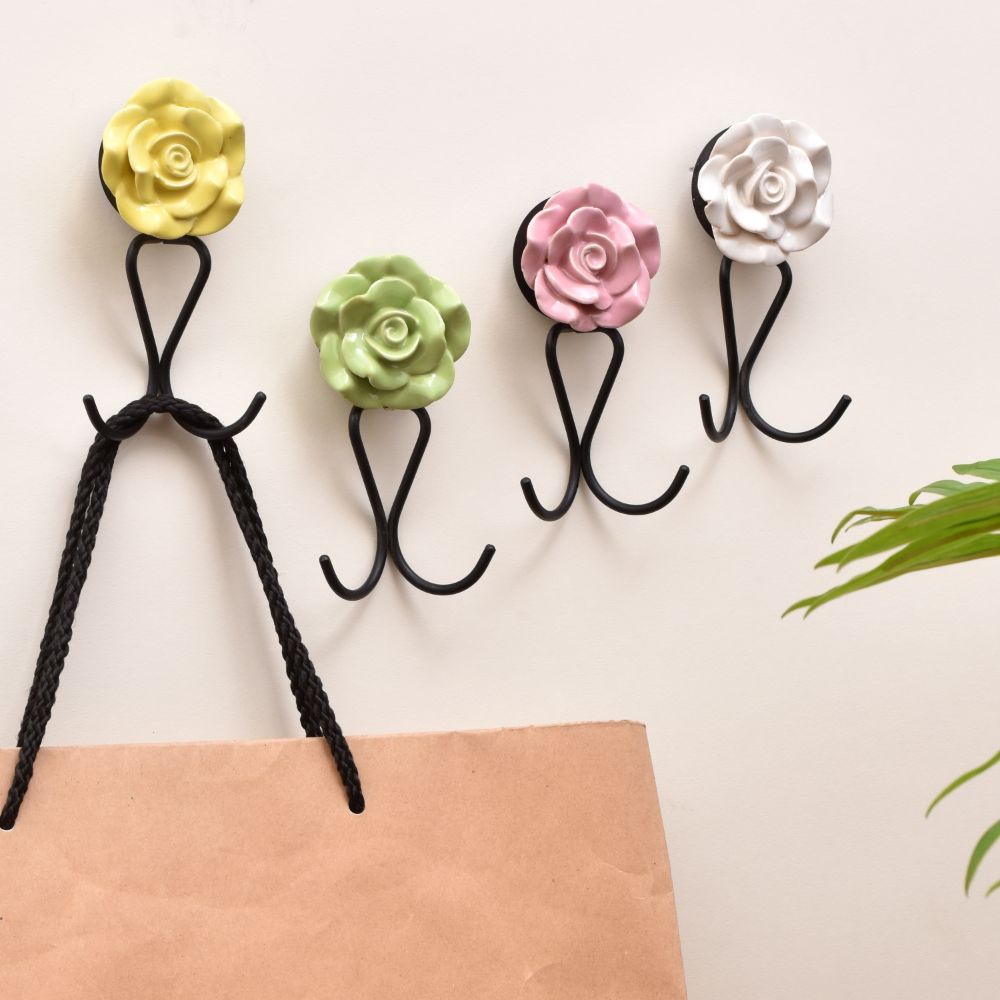 Ceramic Multicolor Flower Wall Hook for Hanging - Set of 4