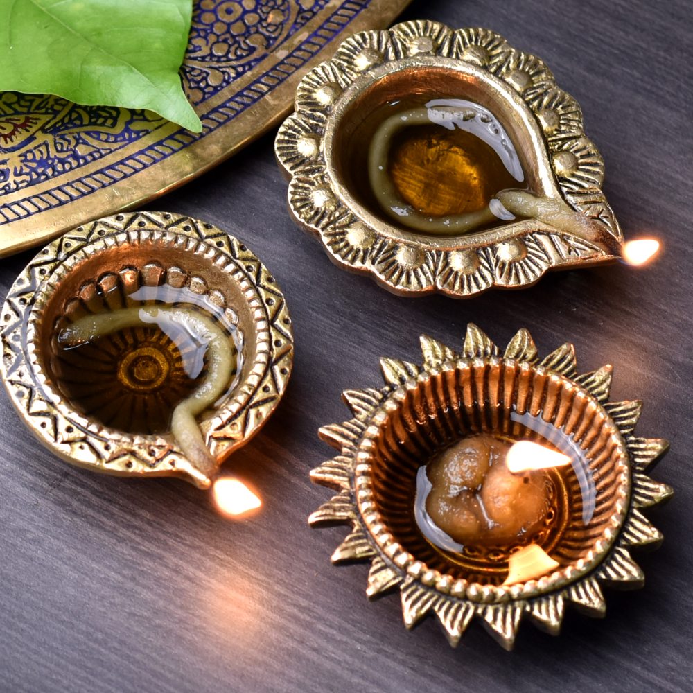 Brass Diyas for Diwali Decoration Designer Oil Lamp Pack of 3
