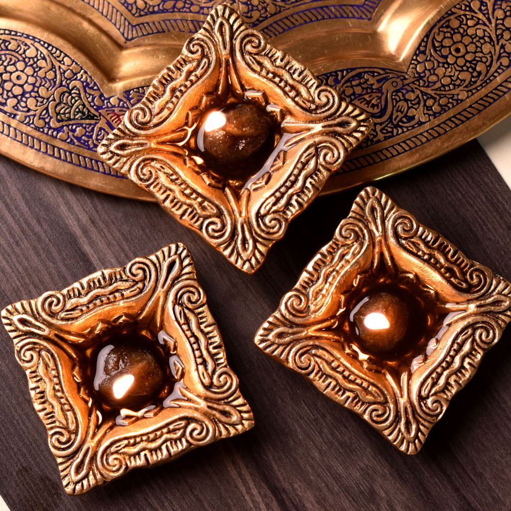 Brass Carved Square Shaped Oil Lamp Diwali  Festival Decoration Diya Pack of 3