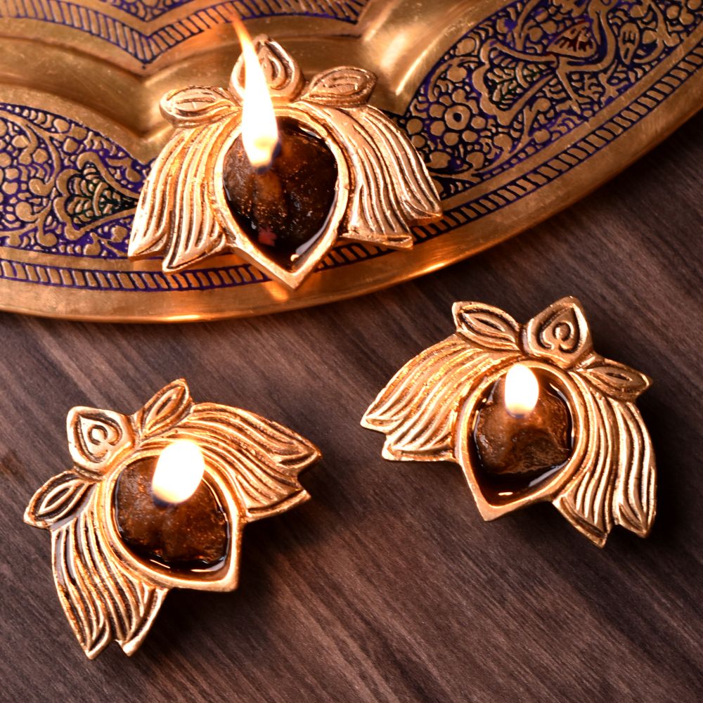 Brass Lotus Flower Diwali Diya Lamp Festival Decoration Pack of 3