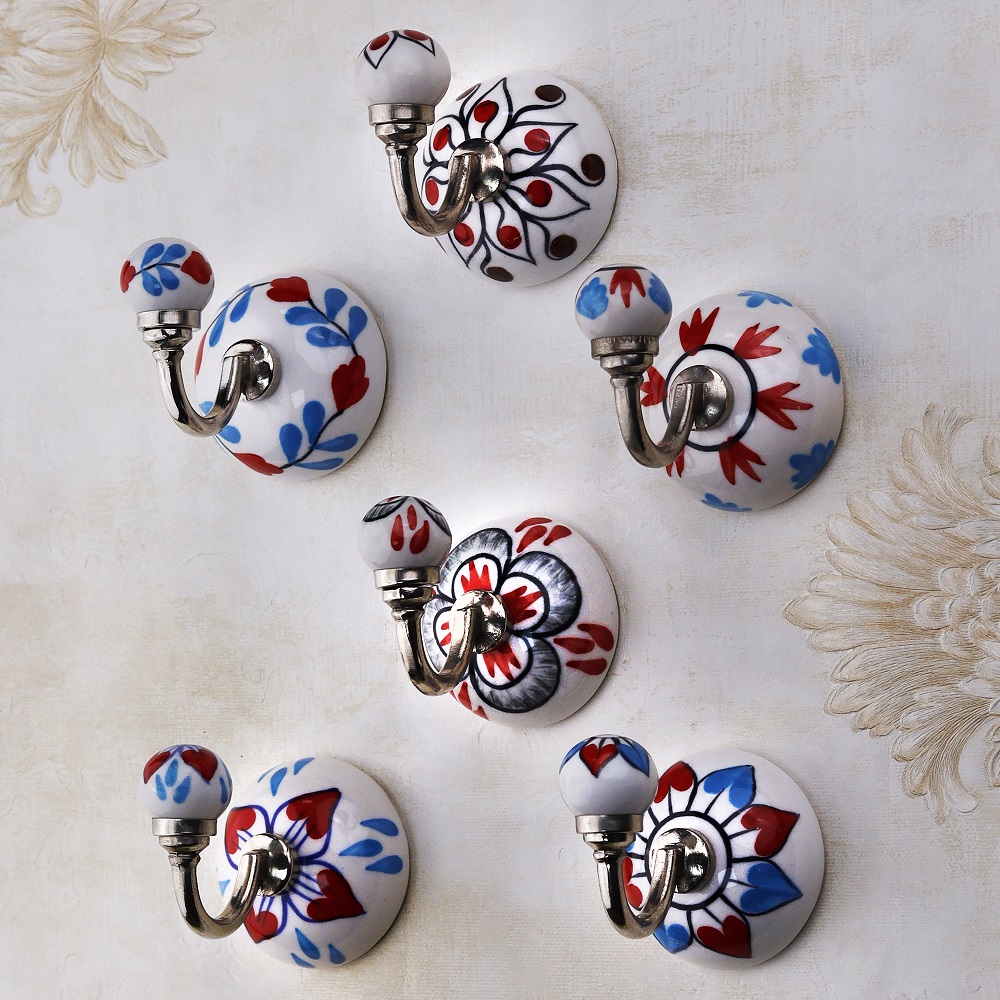 6 Pieces Decorative Multicolor Floral Ceramic Round Wall Hooks
