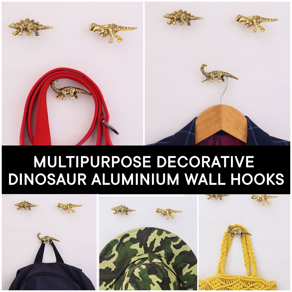 Modern Dinosaur Aluminium Golden Heavy Duty Wall Hooks-Pack of 3