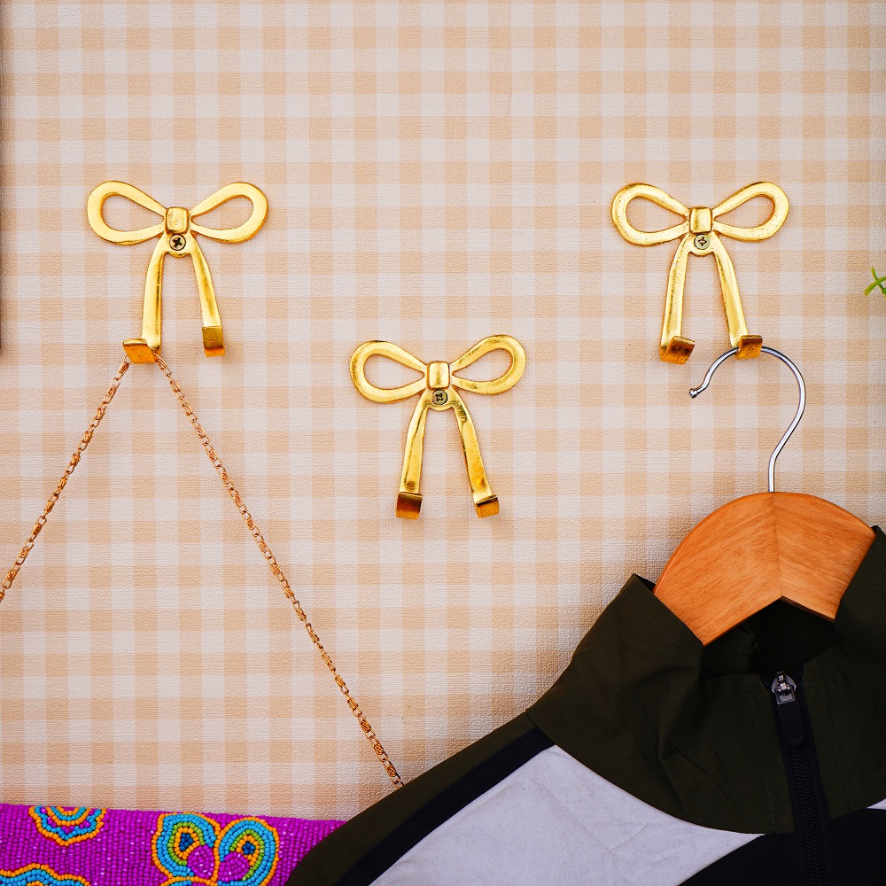 3 Pieces Decorative Gold Aluminium Bow Wall Hooks