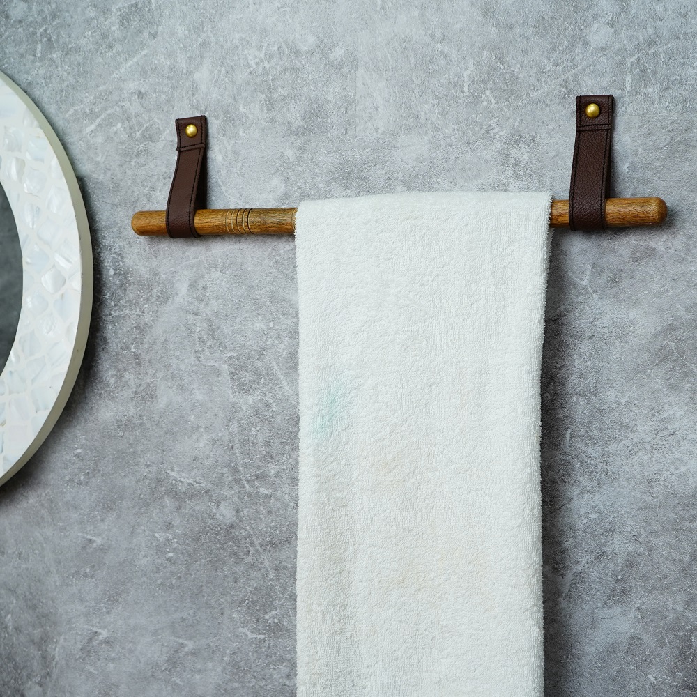 Rustic Wooden Towel Holder with Leather Strap Mount
