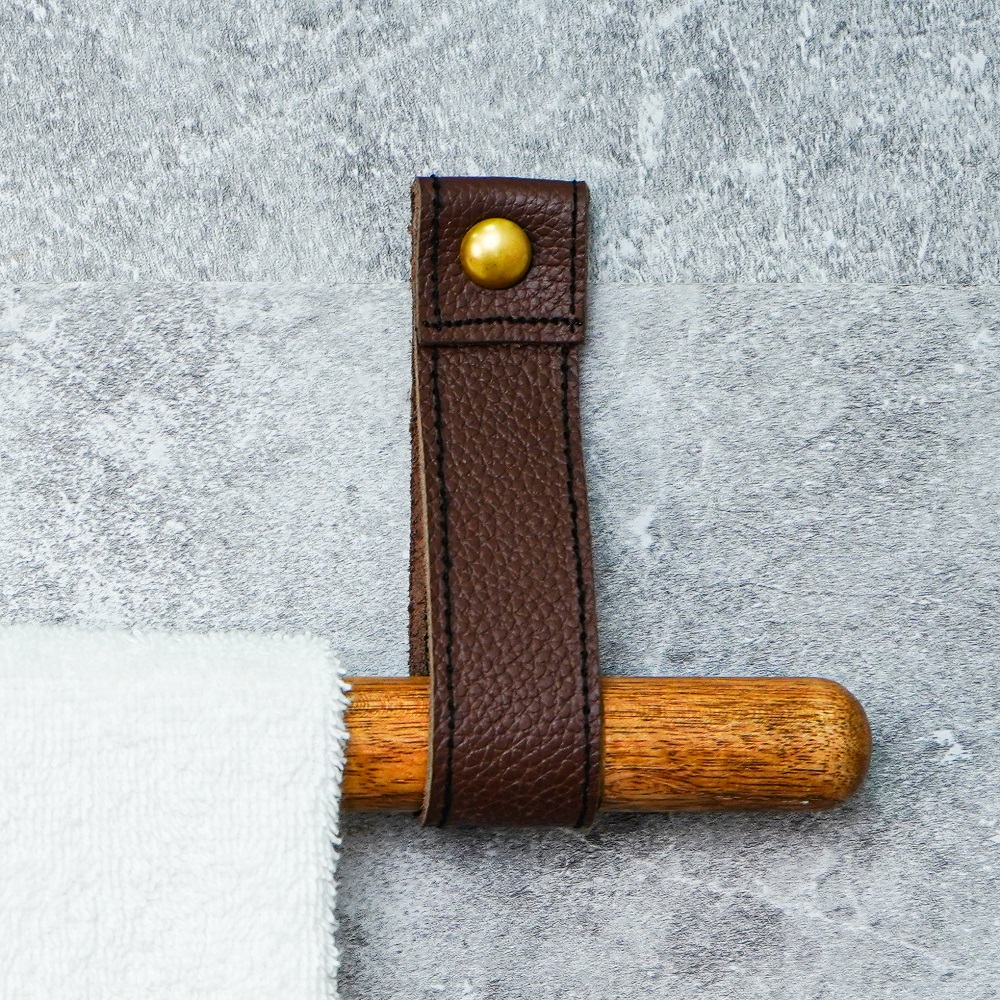 Rustic Wooden Towel Holder with Leather Strap Mount