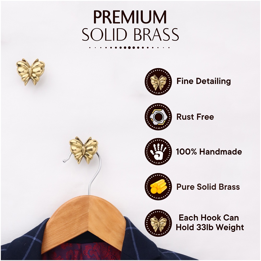 Golden Brass Butterfly Wall Hooks-3 Pieces