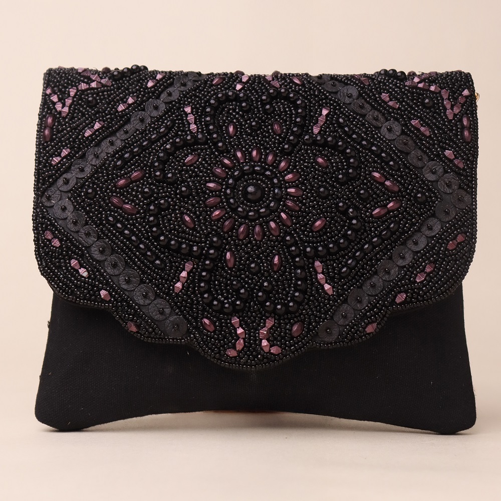 Midnight Blossom Beaded Velvet Clutch with Chain Sling