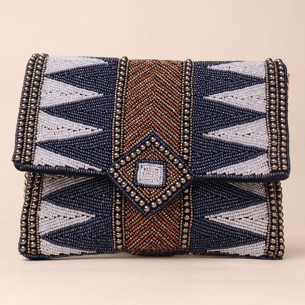 Majestic Mosaic Chevron Beaded Clutch with Chain Strap