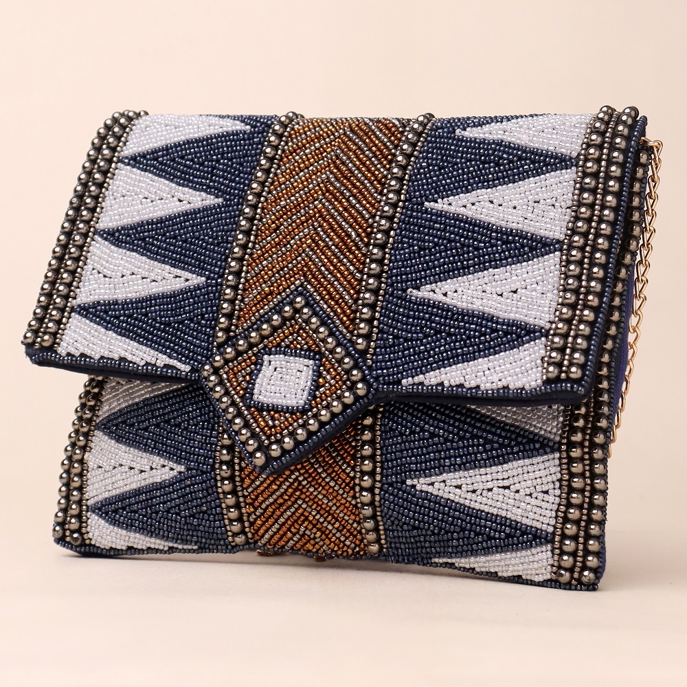 Majestic Mosaic Chevron Beaded Clutch with Chain Strap