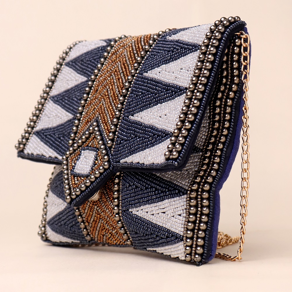 Majestic Mosaic Chevron Beaded Clutch with Chain Strap