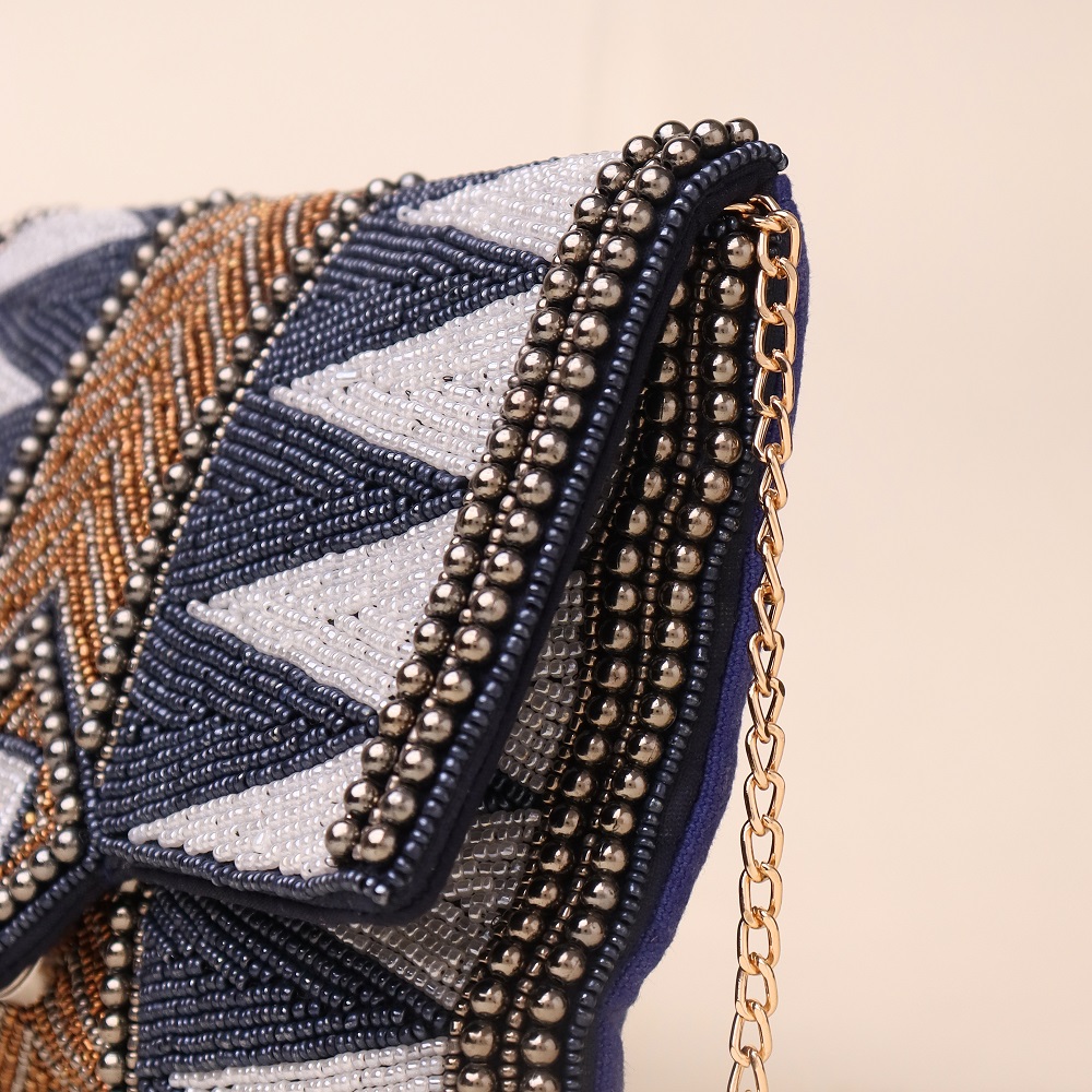Majestic Mosaic Chevron Beaded Clutch with Chain Strap