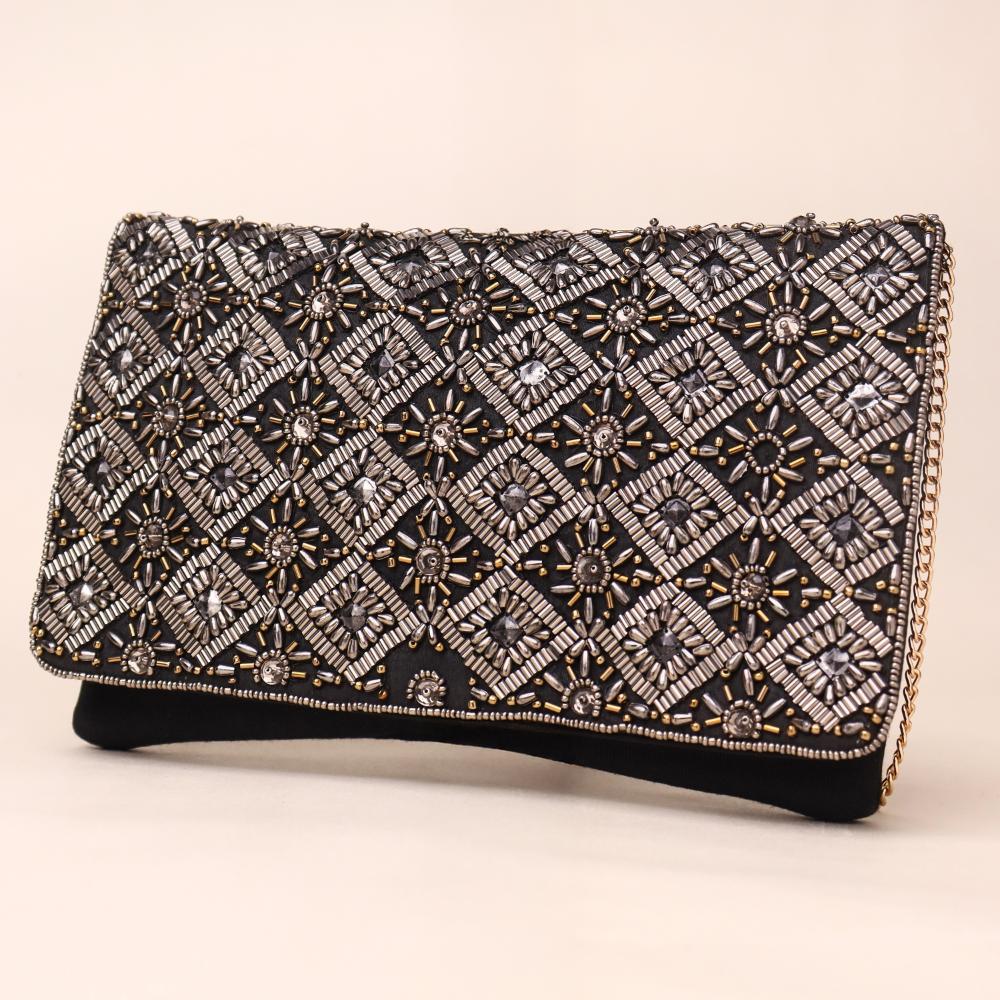 Noir Royale Hand-Beaded Clutch with Ornate Metallic Embroidery