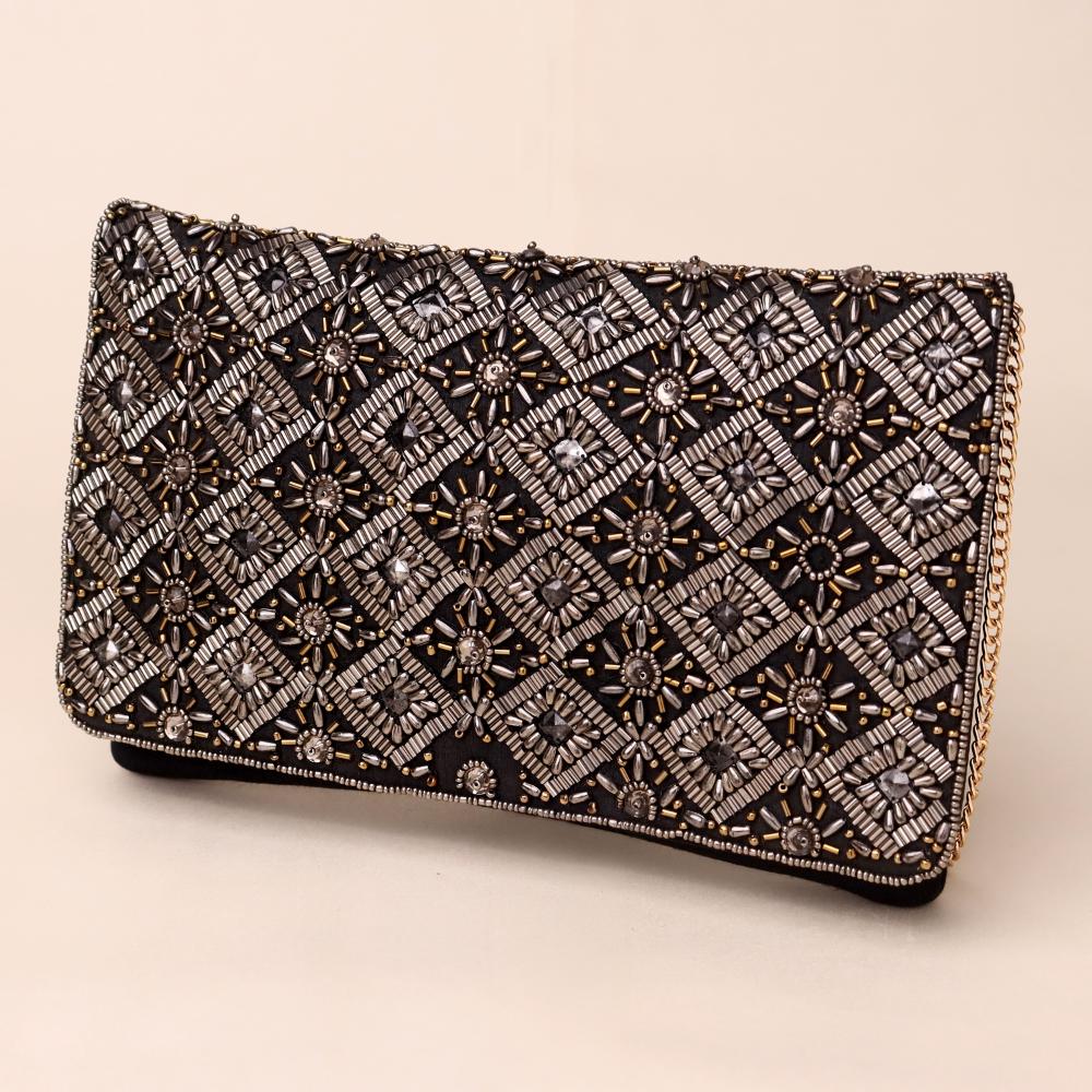 Noir Royale Hand-Beaded Clutch with Ornate Metallic Embroidery