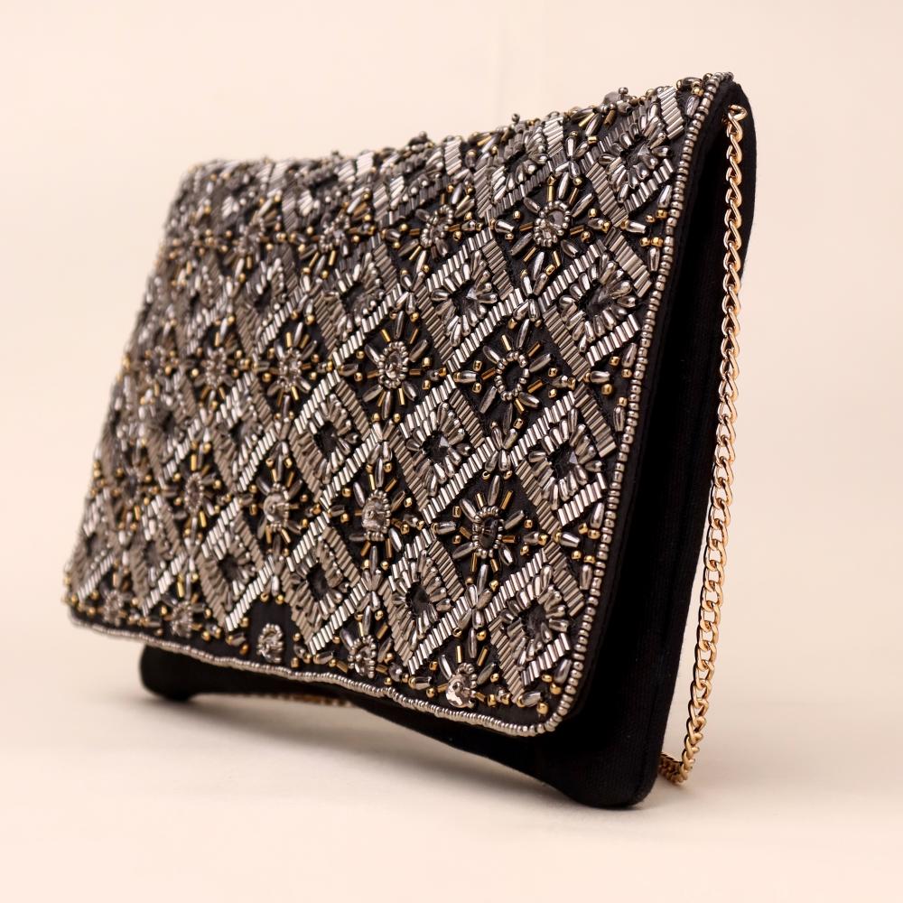Noir Royale Hand-Beaded Clutch with Ornate Metallic Embroidery