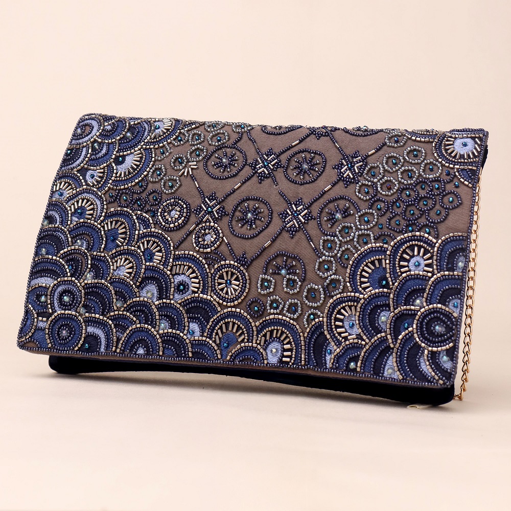 Celestial Bloom Hand-Beaded Clutch with Elegant Chain Strap