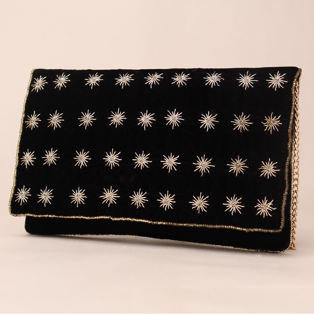 Starlit Velvet Clutch with Chain Strap and Celestial Embroidery