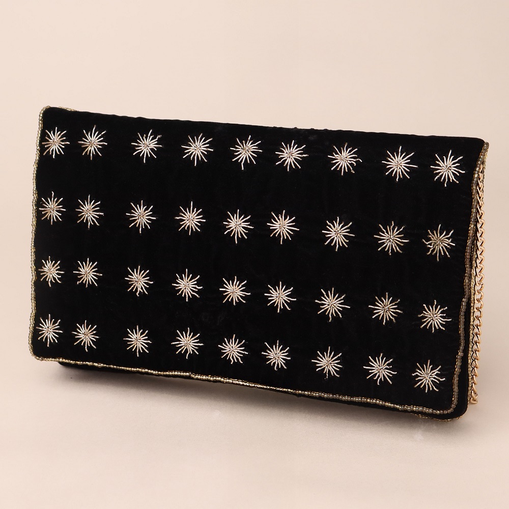 Starlit Velvet Clutch with Chain Strap and Celestial Embroidery
