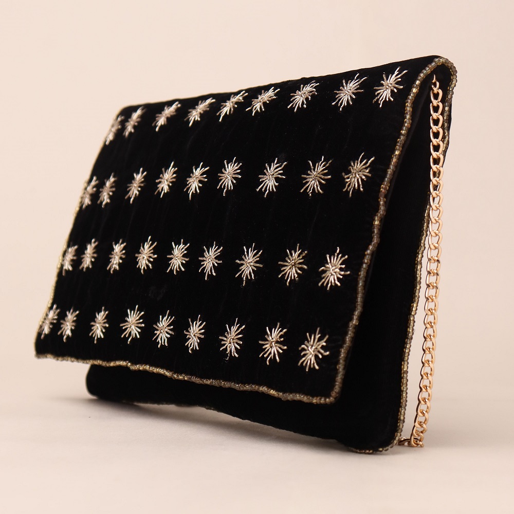Starlit Velvet Clutch with Chain Strap and Celestial Embroidery