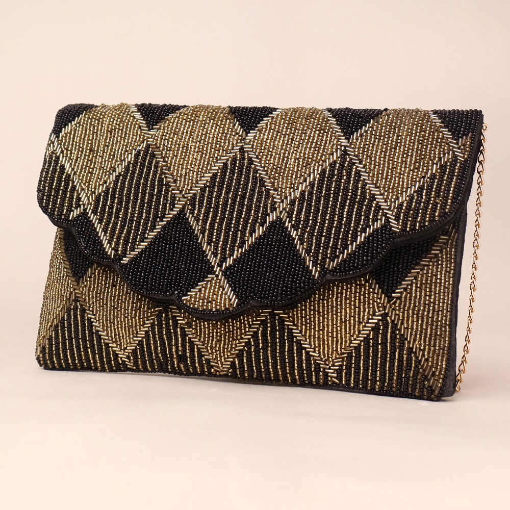 Golden Lattice Evening Clutch with Detachable Chain Strap