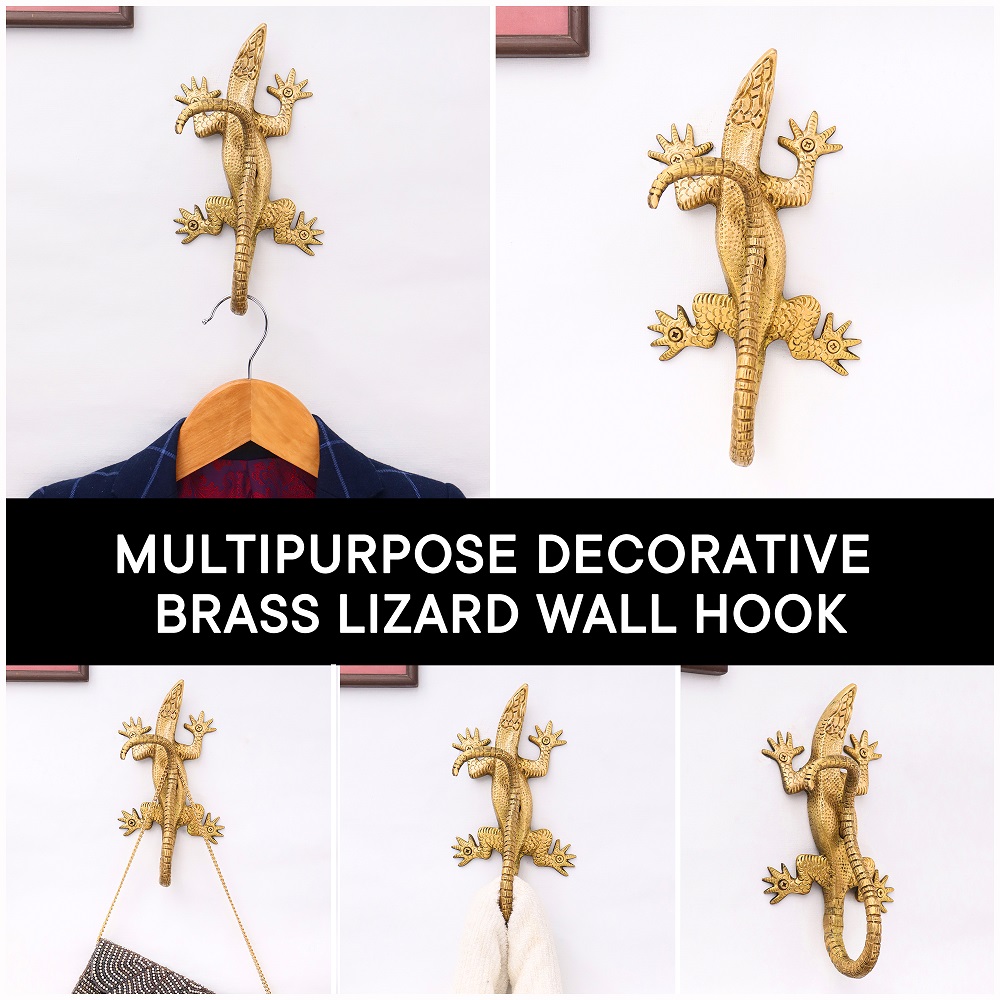 Golden Handmade Brass Lizard Wall Hook