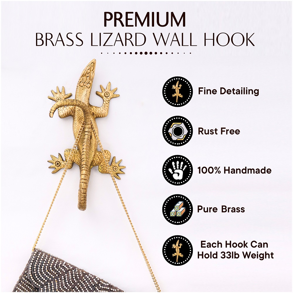 Golden Handmade Brass Lizard Wall Hook