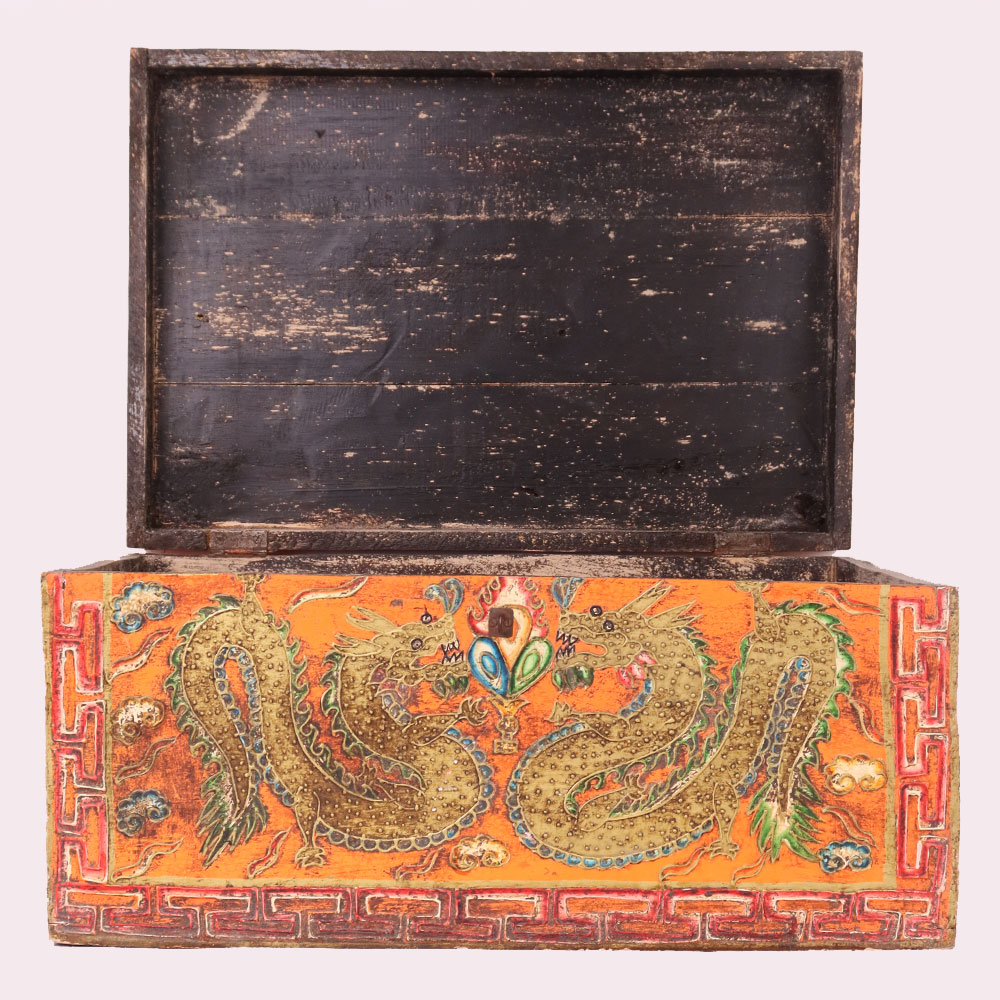 Antique Style Wooden Storage Box with Dragon Artwork