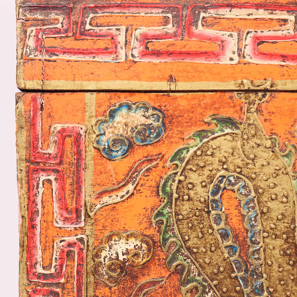 Antique Style Wooden Storage Box with Dragon Artwork