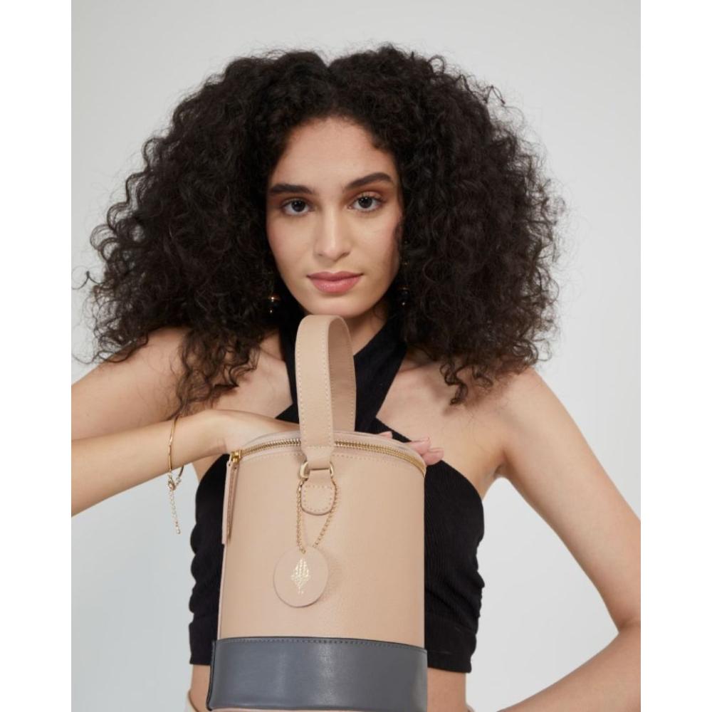 Chic Beige Bual Shade Cylinder Bucket Bag Artisanal Allure