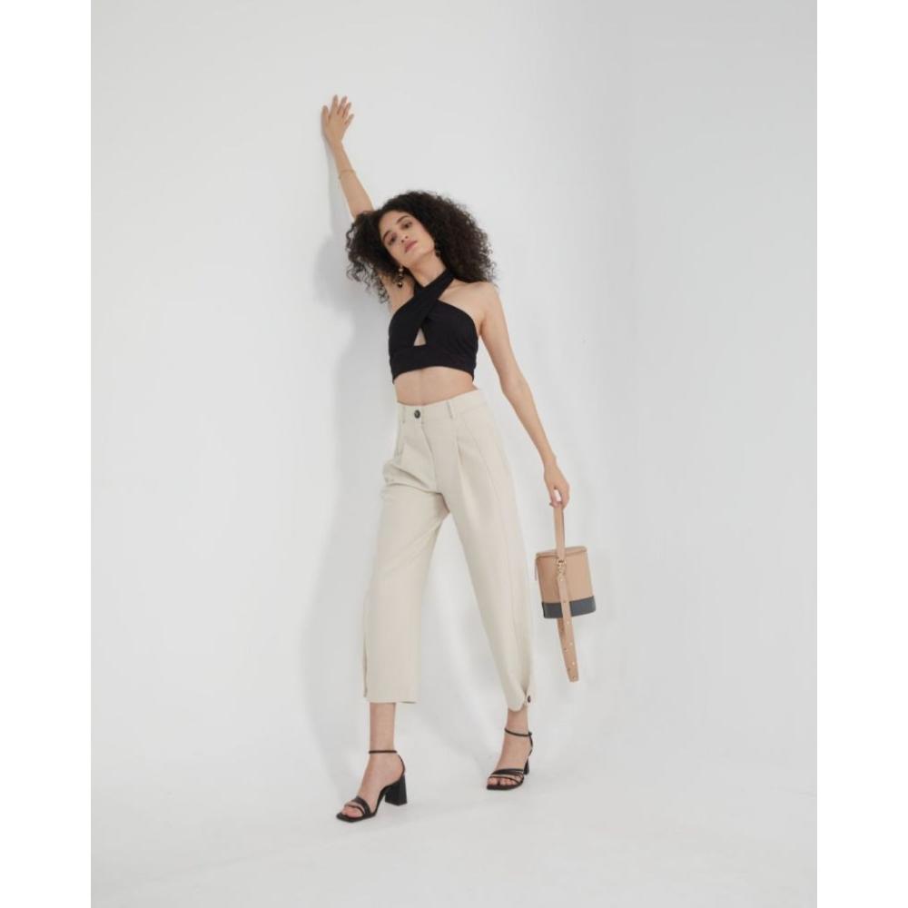 Chic Beige Bual Shade Cylinder Bucket Bag Artisanal Allure