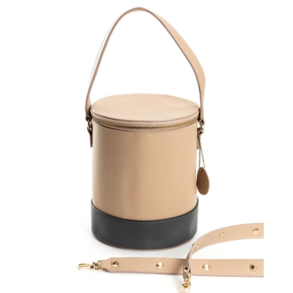 Chic Beige Bual Shade Cylinder Bucket Bag Artisanal Allure