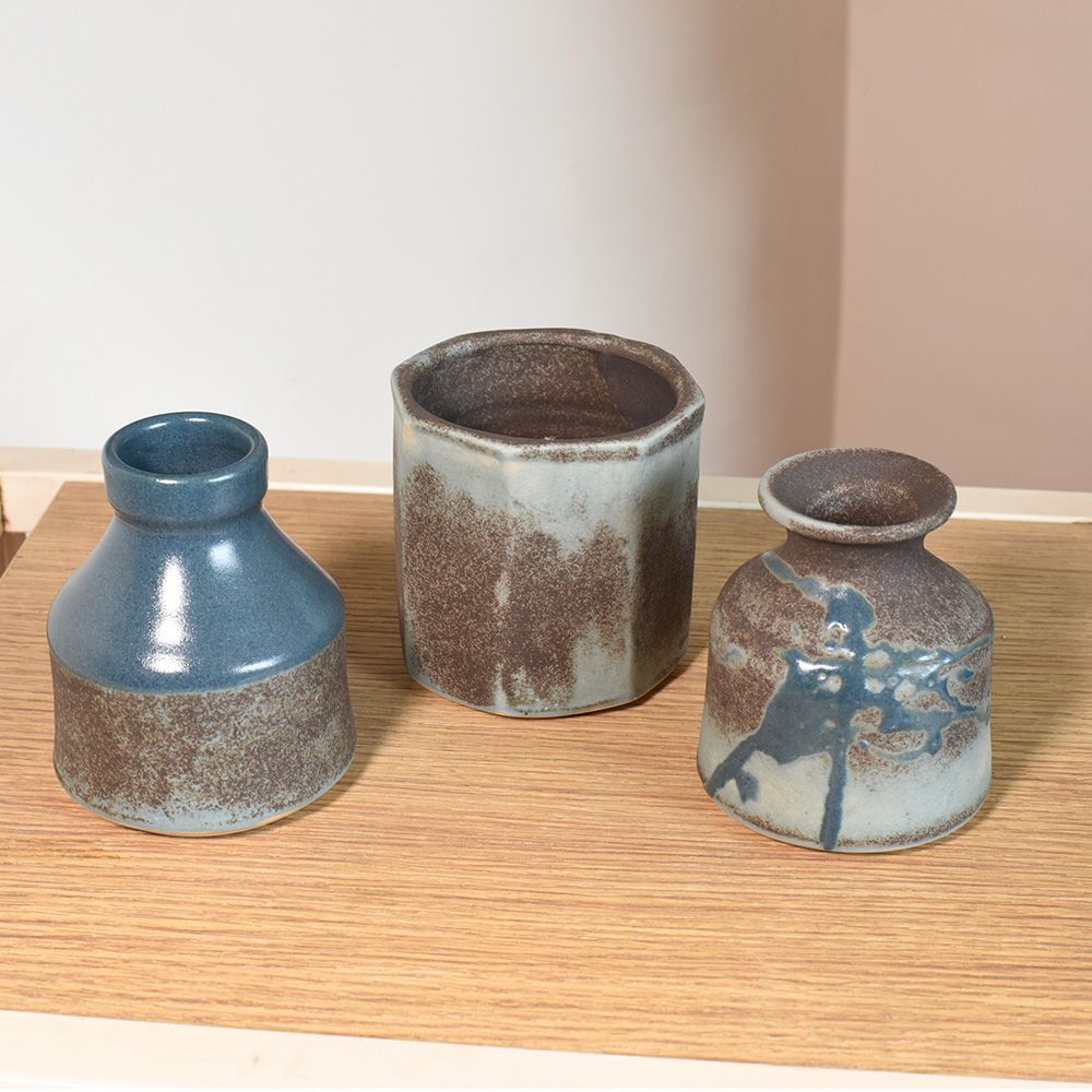 Premium Ceramic Blue Vases by Artist Meena Vohra Set Of 3