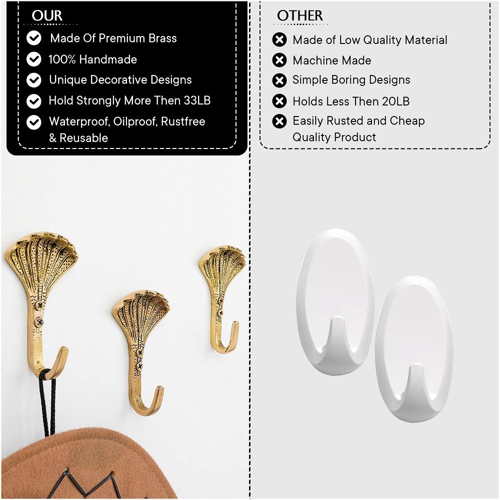 Handcrafted Brass Sheshnag Decorative Wall Hooks-3 Pieces
