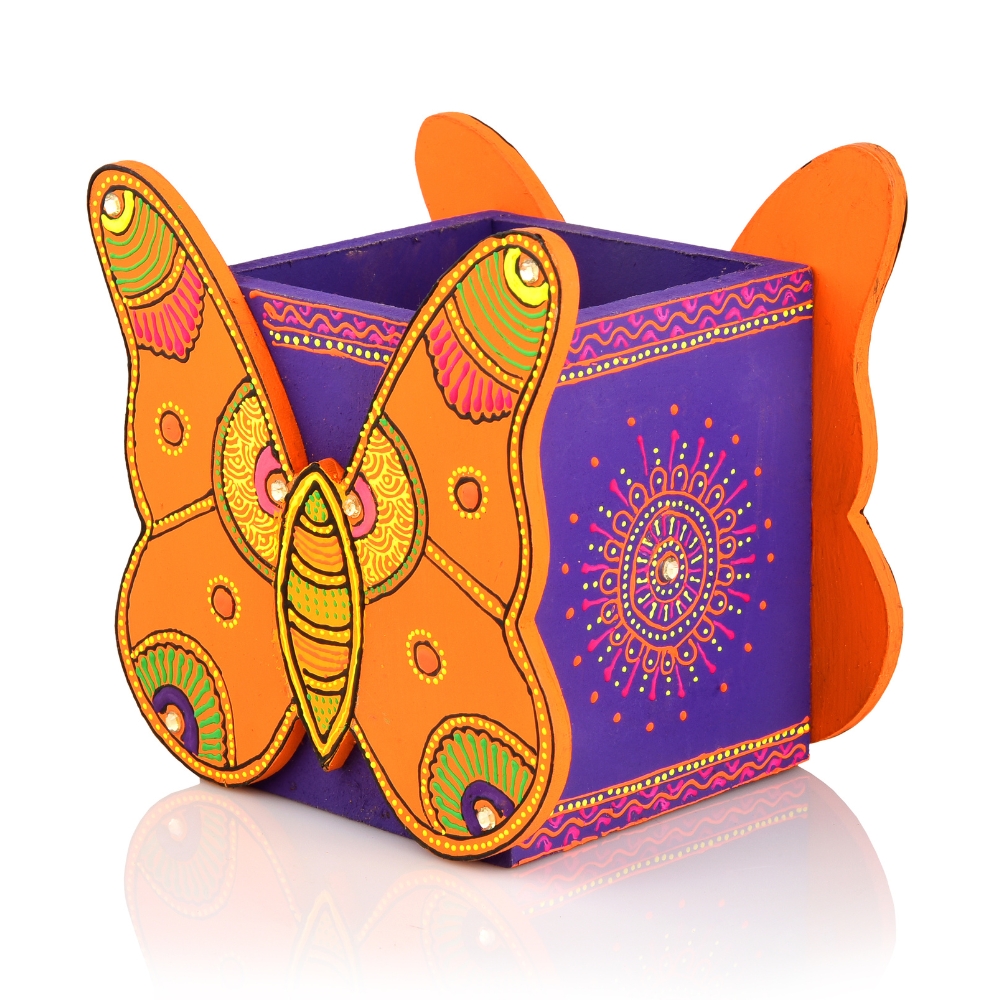 Handcrafted Wooden Butterfly Motif Pen Stand