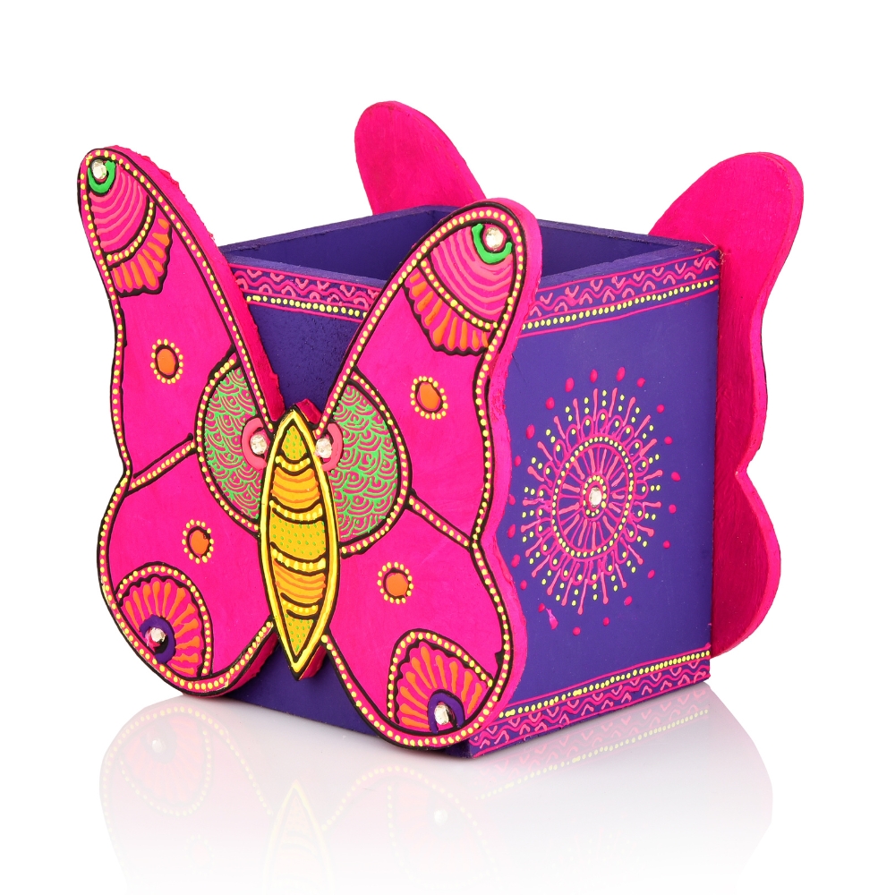 Handcrafted Wooden Butterfly Motif Pen Stand
