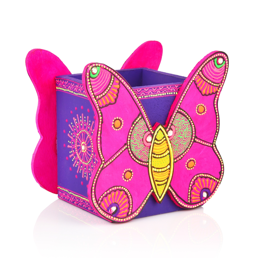 Handcrafted Wooden Butterfly Motif Pen Stand