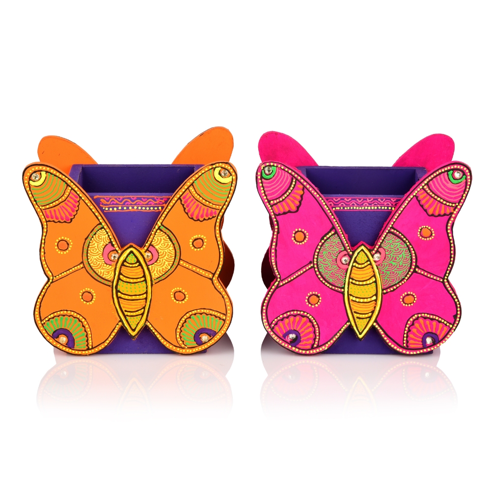 Handcrafted Wooden Butterfly Motif Pen Stand