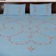 Light Blue Embroidered Cotton Double Pink Flowers Bedsheet With Two Pillow Covers