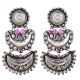 Three Layered 92.5 Sterling Silver Earrings Chandbali design border Floral Stud And Pink Onyx Stone