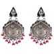92.5 Sterling silver Earrings Big Floral Deign Engraved Danglers Pink Tourmaline Beads Green Peridot