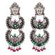 Durga Stud 92.5 Sterling silver Earrings Three Layered Danglers adorned with pink Tourmaline And Green Peridot Stones