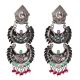 Durga Stud 92.5 Sterling silver Earrings Three Layered Danglers adorned with pink Tourmaline And Green Peridot Stones