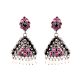 Round Pink Jade Stoned 92.5 Sterling Silver Earrings Pyramid Shaped Pearl Tassel jhumis For Women