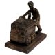 Brass Miner Statue  Pushing Coal On Wooden Plinth