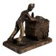 Brass Miner Statue  Pushing Coal On Wooden Plinth
