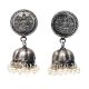HandmadeÂ Oxidised Silver Laxmi On Coin Dome Shaped Jhumkas With Pearl Beads